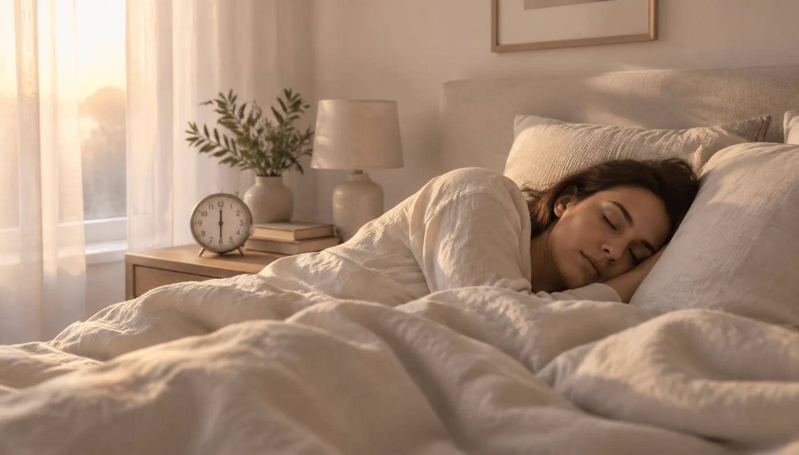 Adult asleep in a calm bedroom at dawn with a bedside clock after a full night in bed