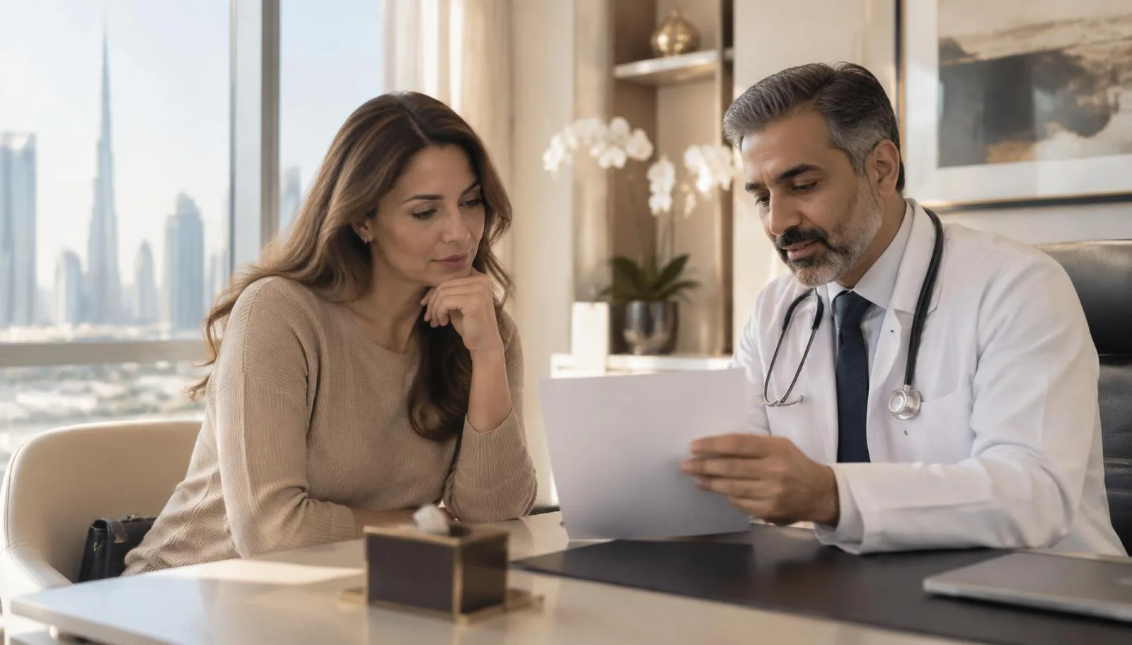 Doctor reviewing blood test results with an adult experiencing persistent fatigue