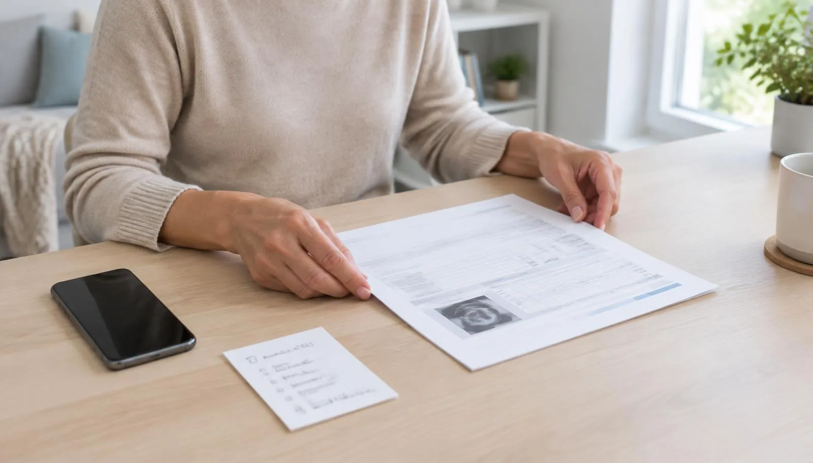 Adult preparing a medical report, phone and medicine list before a first doctor appointment