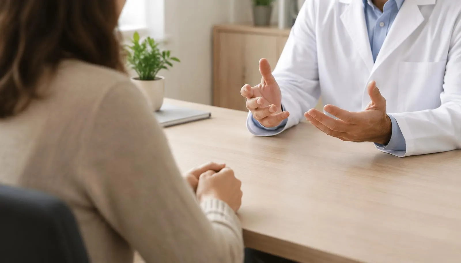 Adult patient in a calm consultation with a doctor in an outpatient clinic