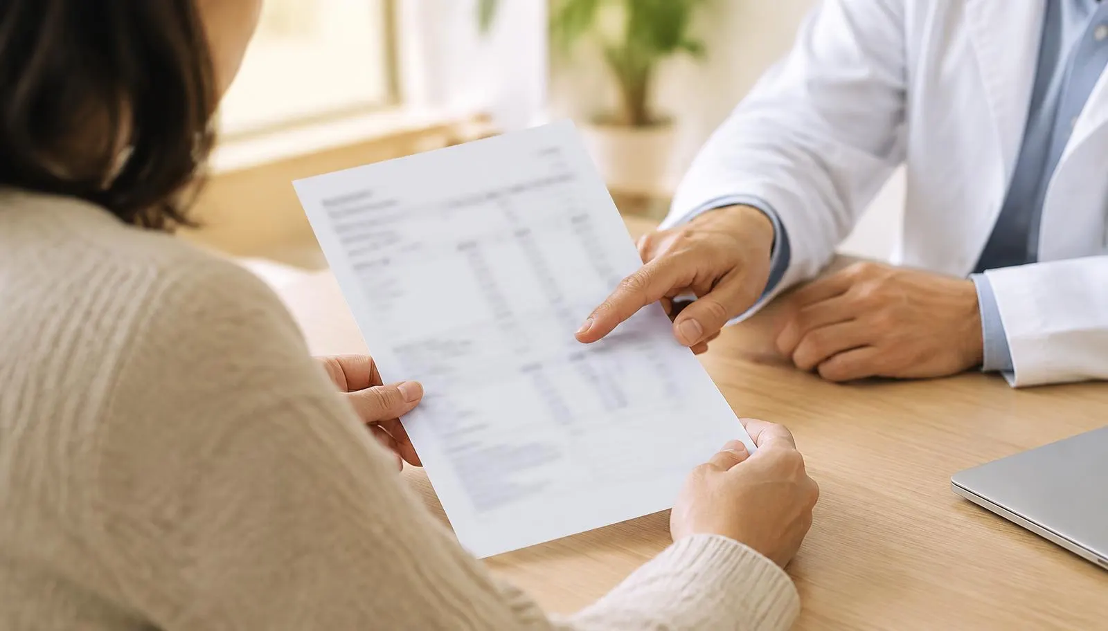 Adult reviewing a thyroid blood-test report with a doctor during a calm consultation