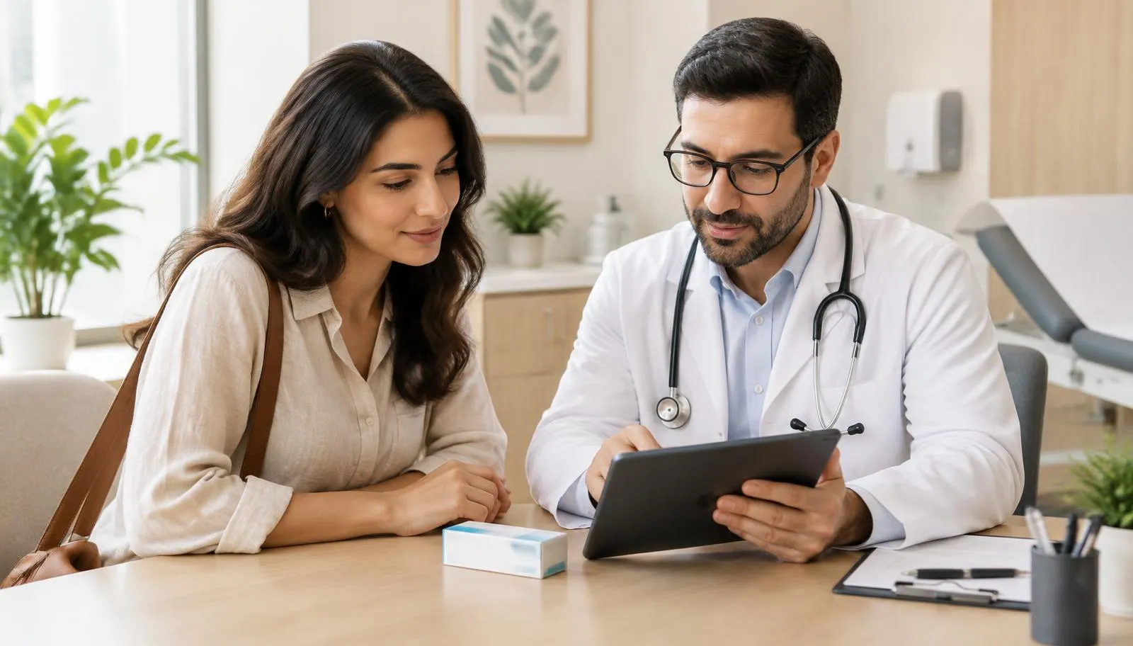 Adult who recently moved to Dubai reviewing medicines and health information with a doctor